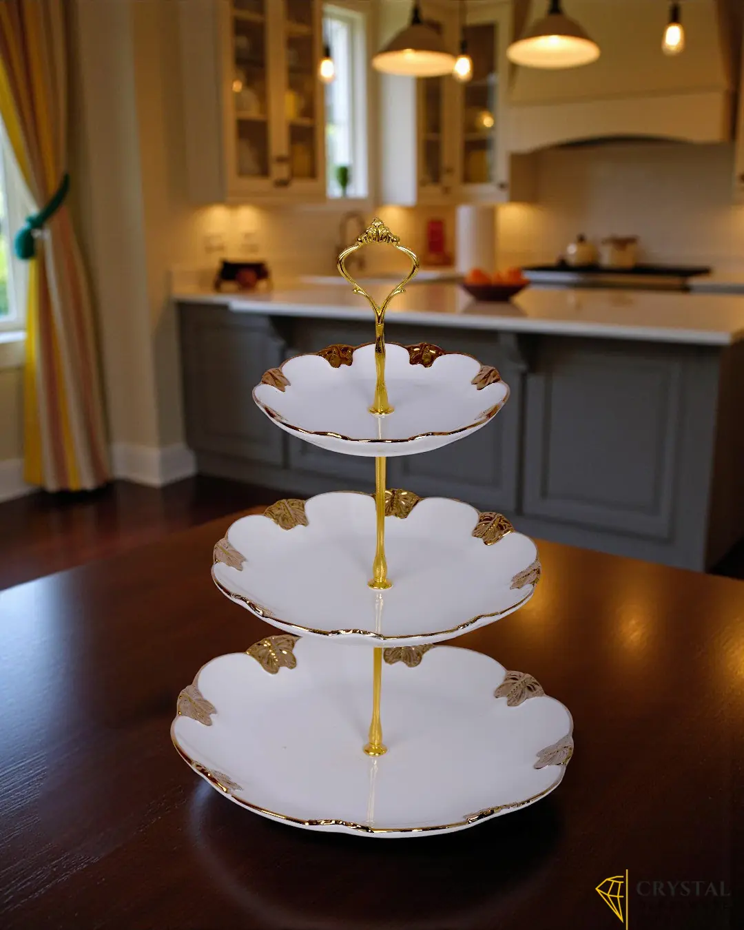 3-tier white ceramic cake stand with gold accents